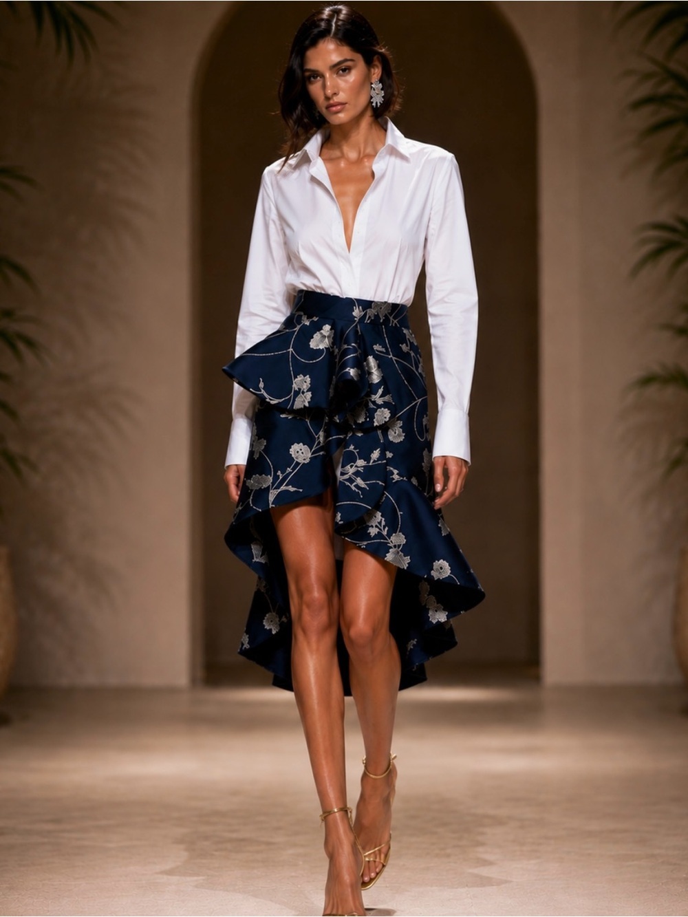 Johanna Ortiz Navy Ruffled Skirt Metallic Silver Florals SZ 8 Luxury Designer